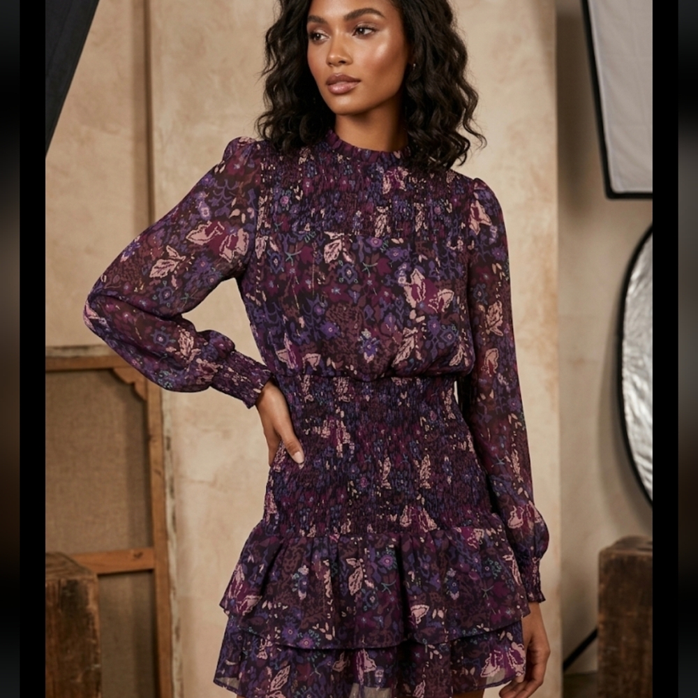 Aqua Purple Floral Long Sleeve Dress